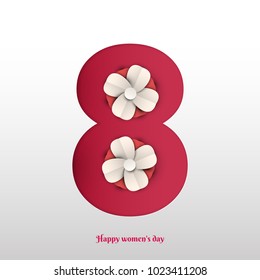 Happy Women's Day concept design in minimalistic trendy paper cut style. Modern holiday background to March 8 for greeting card, banner, cover. Vector illustration.