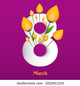 Happy Women's Day concept design in minimalistic trendy paper cut style. Modern holiday background to March 8 for greeting card, banner, cover. Vector illustration.