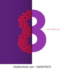 Happy Women's Day concept design in minimalistic trendy paper cut style. Modern holiday background to March 8 for greeting card, banner, cover. Vector illustration.