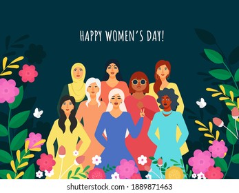 Happy Women's Day Concept With Different Religion Female Group And Floral Decorated On Teal Green Background.