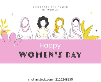 Happy Women's Day Concept With Diversity Female Group In Doodle Style On Pink And White Background.