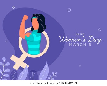 Happy Women's Day Concept With Faceless Female Showing Her Strong Arm, Venus Sign And Leaves On Violet Background.
