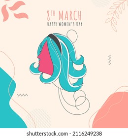 Happy Women's Day Concept With Faceless Female Face And Leaves Stem On Abstract Background.