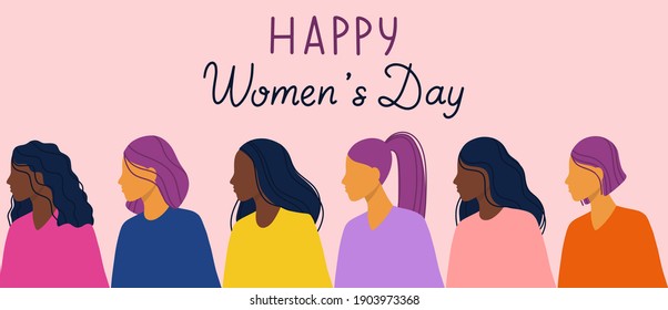 Happy women's day concept greeting card template with different ethnicity women. Colorful flat vector illustration for banner, card, postcard, invitation, flyer.