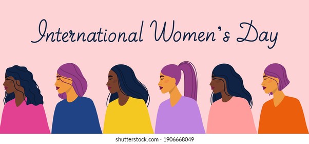 Happy women's day concept greeting card template with different ethnicity women. Colorful flat vector illustration for banner, card, postcard, invitation, flyer.