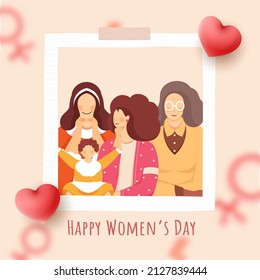 Happy Women's Day Concept With Group Of Different Age Female, Glossy Hearts, Blurred Venus Sign On Peach Background.