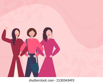 Happy Women's Day Concept With Group Of Young Girls Standing Together On Pink Background And Copy Space.