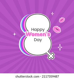 Happy Women's Day Concept With Layered Number Of Eight Shape Female Gender Sign And Female Lips On Purple Rays Background.