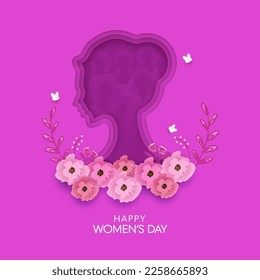 Happy Women's Day Concept With Layered Paper Female Face Decorated Floral, Butterflies On Purple Background.