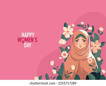 Happy Women's Day Concept With Muslim Young Girl Character Wearing Hijab On Floral Decorated Background.