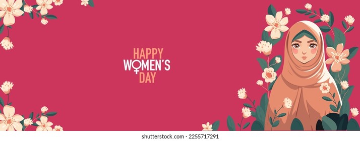 Happy Women's Day Concept With Muslim Young Girl Character Wearing Hijab On Floral Decorated Background.