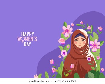 Happy Women's Day Concept with Muslim Young Girl Character Wearing Hijab Against Foral Decor on Purple Background.