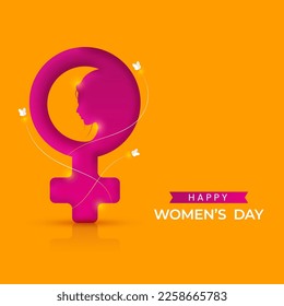 Happy Women's Day Concept With Paper Cut Venus Symbol, Female Face, Flying Butterflies On Orange Background.