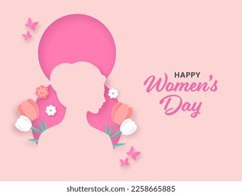 Happy Women's Day Concept With Paper Cut Female Face On Floral Decorated Eight Number Background.