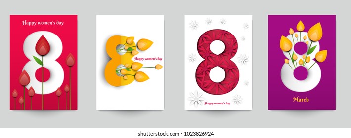 Happy Women's Day concept. Set holiday background for cover, invitation, poster, banner, flyer, placard. Minimal template design for branding, advertising in paper cut style. Vector illustration.