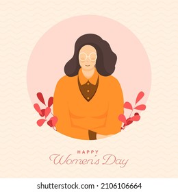 Happy Women's Day Concept With Young Lady Character With Leaves On Cosmic Latte Background.