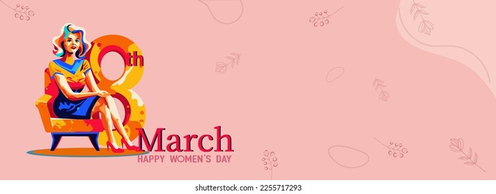 Happy Women's Day Concept, Young Woman Sitting At Armchair With Text 8th March Watercolor Painting On Pastel Pink Background.