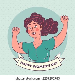 Happy Women's Day Concept With Young Woman Character Raising Fists On Light Blue Dotted Pattern Background.