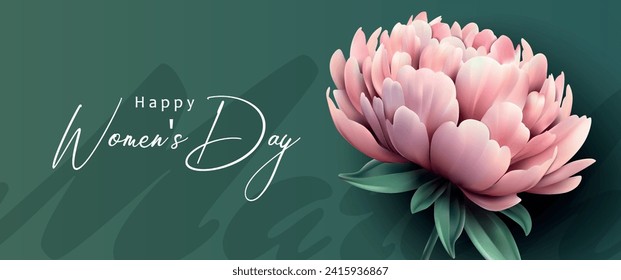 Happy Women's Day. Congratulations on Women's Day. Pink peony bud on a green background. Template for the design of a banner, advertisement, flyer or postcard.