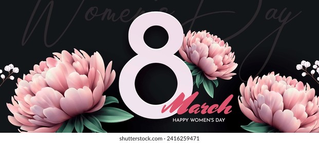 Happy Women's Day. Congratulations on Women's Day. Big figure 8 and peonies on a dark background.Template for the design of a banner, advertisement, flyer or postcard.