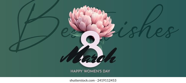 Happy Women's Day. Congratulations on Women's Day. Big figure 8 and peonies on a green background.Template for the design of a banner, advertisement, flyer or postcard.