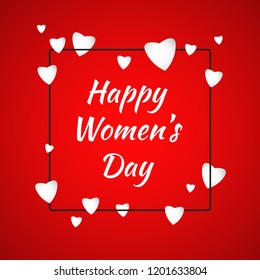 Happy Women's Day cover vector illustration. Lovely creative design fpr web, print materials. Holiday template image. White heart composition on red background. Calligraphy tagline in black frame.