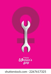 Happy women's day creative with a tool and typography on the pink background. Concept of challenging movements of female worker.