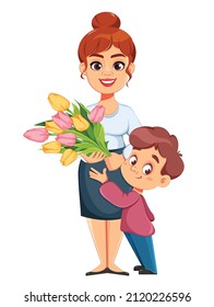 Happy Women's day. Cute boy giving a bouquet of tulips to his mother. 