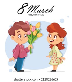 Happy Women's day. Cute boy giving a bouquet of tulips to a girl.