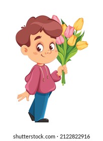 Happy Women's day. Cute boy cartoon character holding a bouquet of tulips