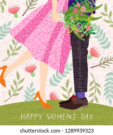 ¡Feliz día de la mujer! Carta o afiche con una ilustración vectorial de una pareja de baile en una cita con un ramo de flores, felicitaciones por la fiesta
