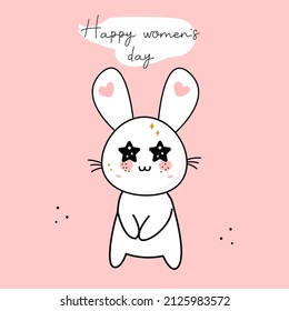 Happy Women's Day. Cute cartoon kawaii character rabbit, birthday card, greeting in the text.