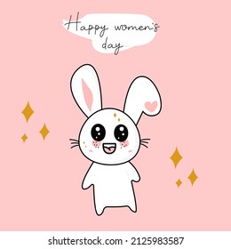 Happy Women's Day. Cute cartoon kawaii character rabbit, birthday card, greeting in the text.