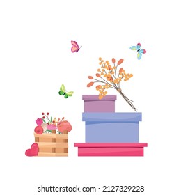 Happy Women's Day! Cute postcard for the spring holiday. Vector cartoon illustration with gifts, flowers and butterflies.