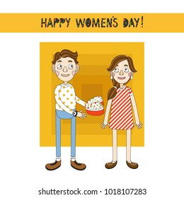 Happy Women's Day design with cute boy and girl. Vector illustration in cartoon style