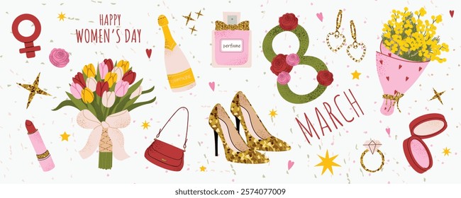 Happy Women's Day design with festive elements. Vector illustration of Champagne, shoes, perfume, golden accessories, flowers. International 8 March. Drawings for postcard, congratulations and poster.