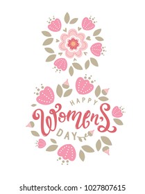 Happy women's day design. For invitations, wedding printing, postcards, packaging paper design. Holiday floral background. Tulips and daisies make a figure 8. Vector illustration