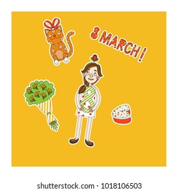 Happy Women's Day design for sticker with cute girl. Vector illustration in cartoon style