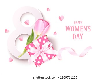 Happy Women's Day design template. 8 march background with pink tulip gift box and decorative paper hearts isolated on white. Vector illustration