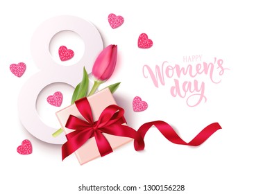 Happy Women's Day design template. 8 march background with pink tulip gift box and decorative hearts isolated on white. Vector illustration
