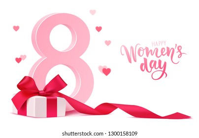 Happy Women's Day design template. 8 march background with gift box and blur hearts isolated on white. Vector illustration