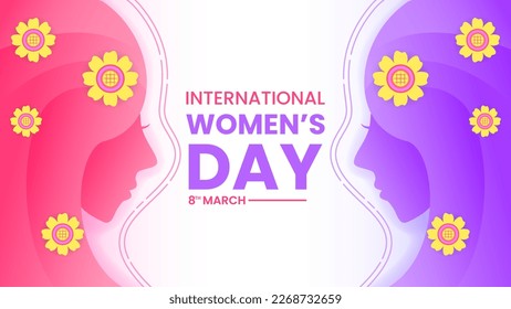 happy women's day design template with head womens silhouette and flowers. purple, pink and white. used for greeting card, background or banner