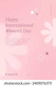 Feliz diseño del Día de la Mujer al estilo y2k. Tarjeta vertical con flores borrosas y geométricas sobre fondo rosa pastel degradado. Plantilla de saludo de vacaciones, banner mínimo de 8 marchas, ilustración vectorial