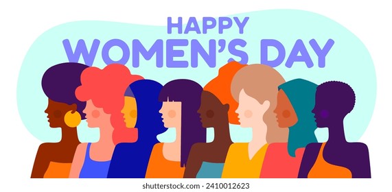 Happy Womens Day. Different ethnicity multi-ethnic parade beauty women. Simple character women different nationalities, races, Arab, Asian, European, African. Chinese, Latin women. Vector Illustration