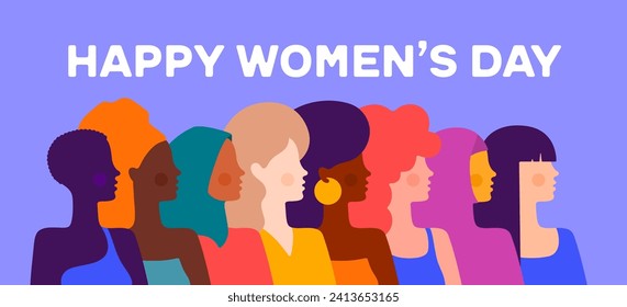 Happy Womens Day. Different ethnicity multi-ethnic parade beauty women. Simple character women different nationalities, races, Arab, Asian, European, African. Chinese, Latin women. Vector Illustration