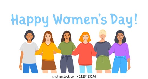 Happy Womens Day. Diverse women stand together hugging each other to celebrate International Womens Day. Flat cartoon vector illustration. Female solidarity concept. Support in fighting women rights