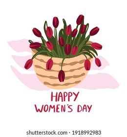 happy womens day drawn basket with flowers greeting card 