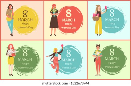 Happy womens day, eight March postcard set decorated by girls with bouquet of flowers, portrait view of females in casual clothes with flavor vector. 8 March