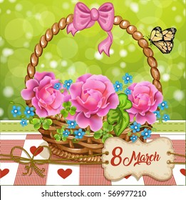 Happy Women's Day  with elegant basket with roses   Greeting card with text 8 March.