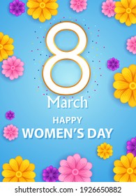 Happy Women's Day elegant text greeting design with flowers for March 8th celebration. Vector illustration